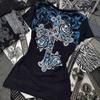 TrendHub Rock Gothic Streetwear Letter Cross Graphic T shirts Gyaru 2000s Clothes Harajuku Top Women V-neck Tees Sweet Y2k Vintage tshirt