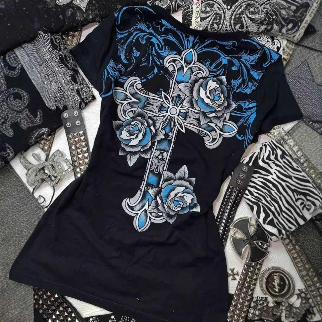 TrendHub Rock Gothic Streetwear Letter Cross Graphic T shirts Gyaru 2000s Clothes Harajuku Top Women V-neck Tees Sweet Y2k Vintage tshirt