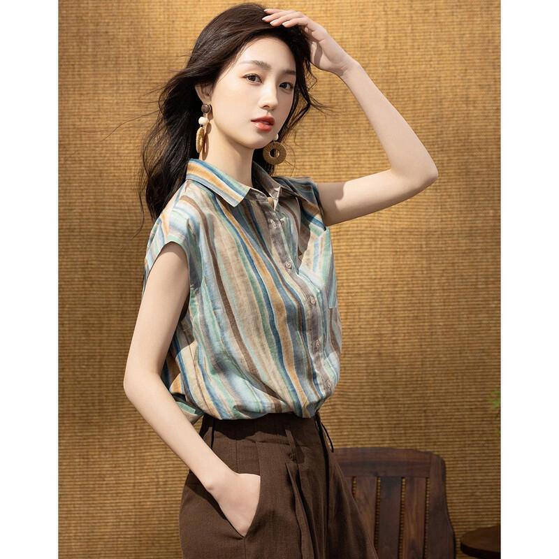 Demana Women's Urban Retro Striped Pure Cotton Lapel Short Sleeve Shirt