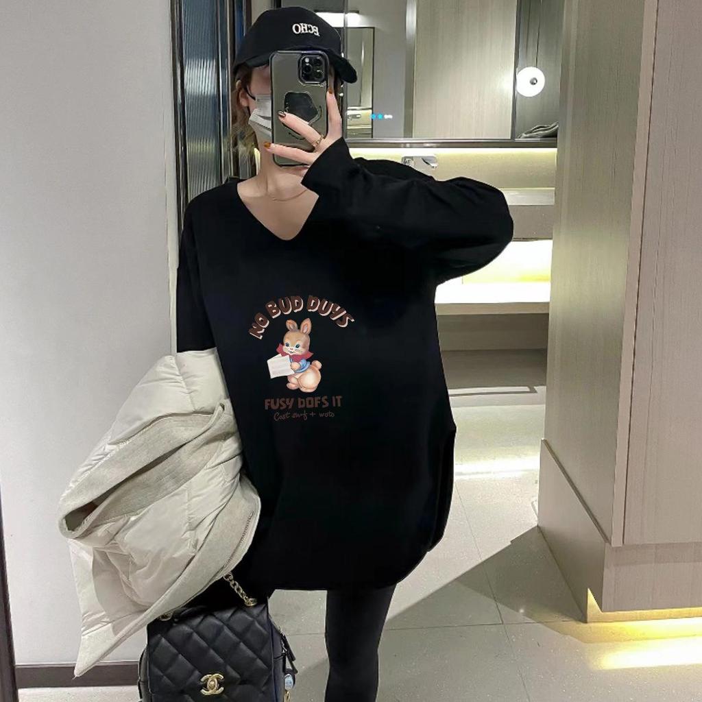 Women's Korean Style Long-Sleeve Velvet Brushed White T-Shirt, Loose Fit, Plus Size, Mid-Length for Autumn and Winter