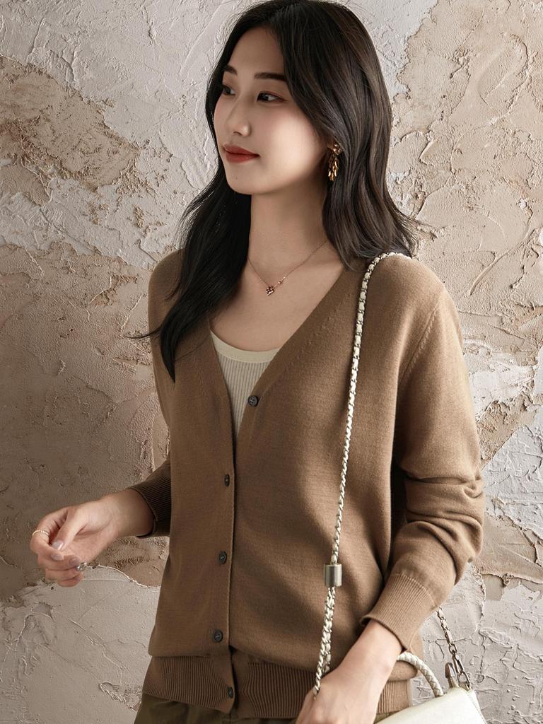 Damen 100% Baumwolle Strick V-Ausschnitt Strickjacke - Frühling/Herbst, Lockere Passform, Unifarbe, Atmungsaktiv, Hohe Dichte, Sonnenschutz Oberbekleidung.