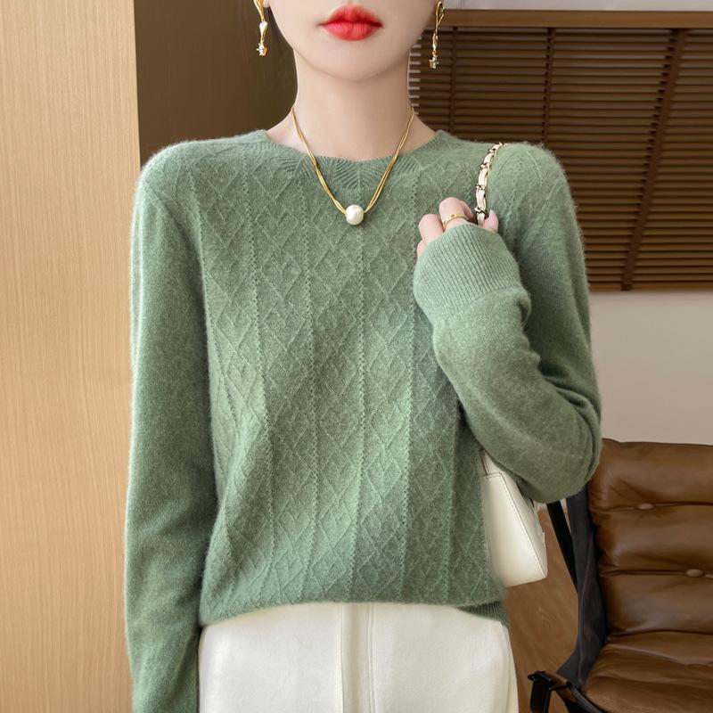 New Seamless One-line Cardigan Round Neck Floral Pullover Wool Knit Top for Women