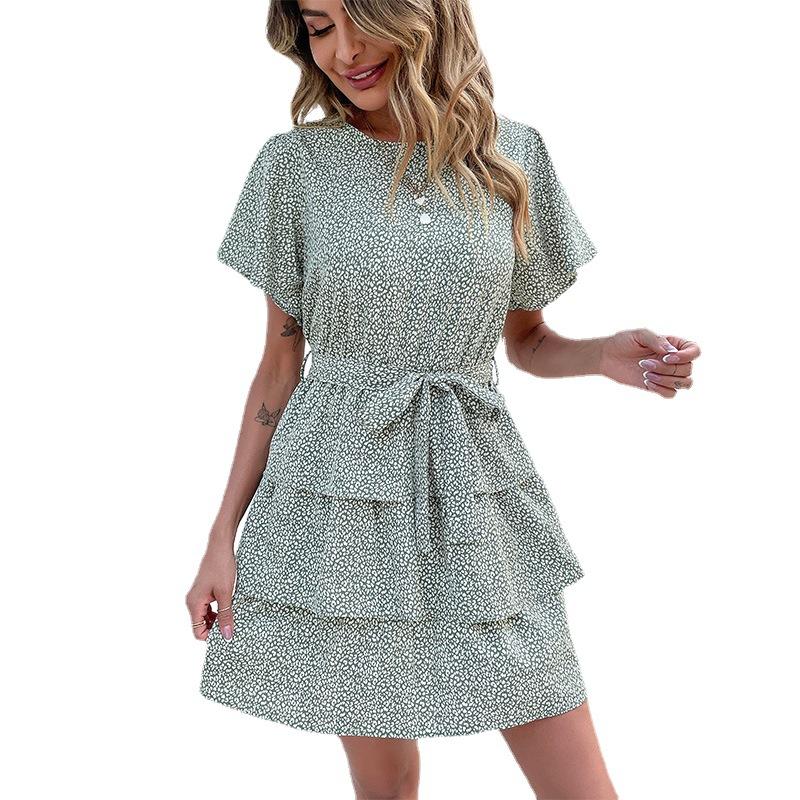 Women's Summer 2025 New Ruffled Crewneck Tie Cake Dress
