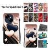 Handmade PU Leather Flip Case for Tecno Spark Go 1 Anti-Slip Shockproof Cover with Wrist Strap & Heart/Rose Cat Designs