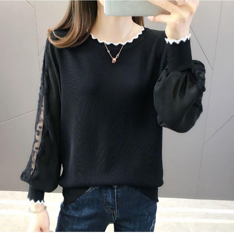 

Трендовый женский топ из кружева, шифона и трикотажа на 2025 год с круглым вырезом и рукавами-фонариками 3XL (Recommended 140-155 jin)