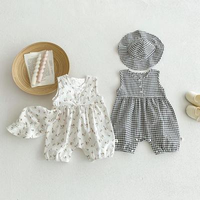 2025. gada vasaras ziedu un rūtaina bezpiedurkņu kombinezons zīdaiņu meitenēm un zēniem