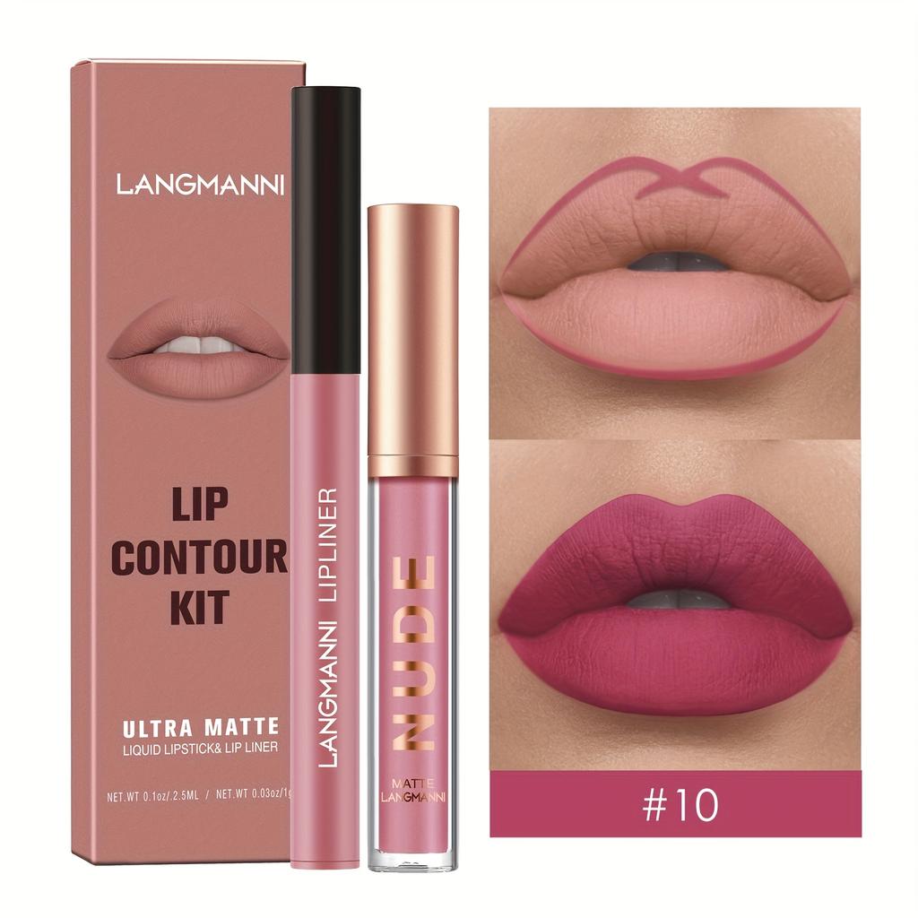 2pcs Matte Lip Color Set with Lip Liner - Long-Lasting, Non-Stick, Water-Resistant Lipstick & Lip Liner Combo Makeup Set Smooth Application