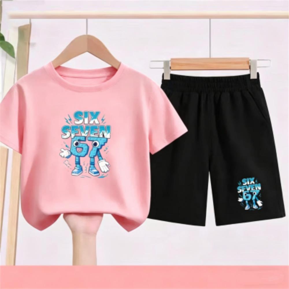 Fashion Cartoon 67 Print Kids Short Sleeve T-shirt Set Girls Boy White Black T-shirt Shorts 2pcs Outdoor Casual Kids Set Clothing