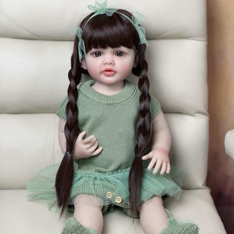 Papusa Renascuta Fetita Corp din Silicon 55 CM 22 Inch Realista Realista Printesa Toddler Bebe Jucarie cu Par Long Maro