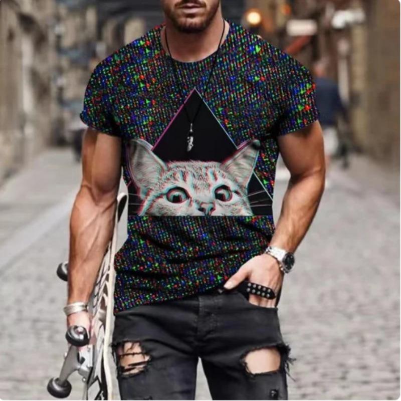 Summer Round Neck 3D Cat Print Top Fashionable Casual Short Sleeved Men's T-shirts