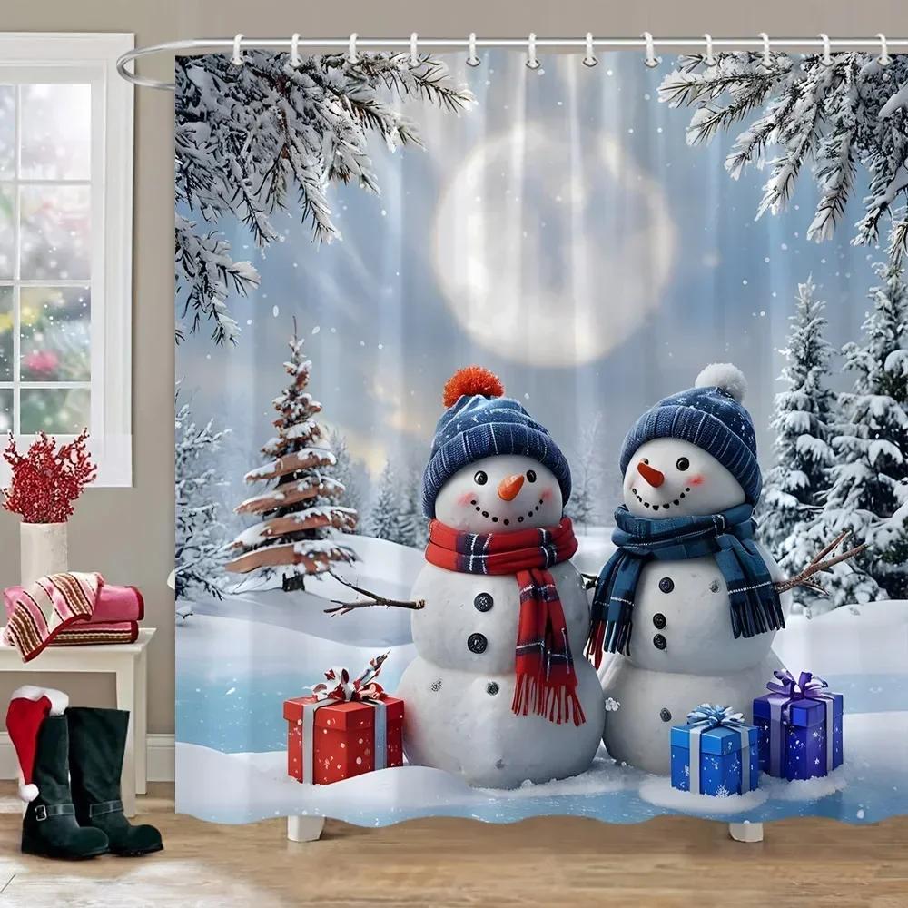 Christmas Snowman Shower Curtain Christmas Tree Winter Snow Christmas Gift Polyester Shower Curtains Bathroom Decor with Hooks