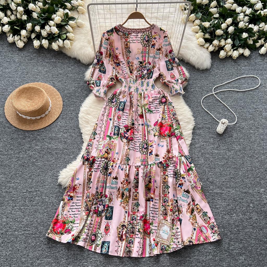 Spring Autumn Women Brand Designer Print Runway Dress V-neck Elastic Waist Long Maxi Party Dresses