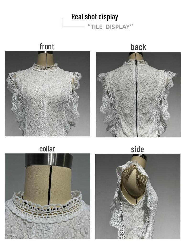 2024 Summer European & American Sexy Hollow-Out Geometric Lace Chiffon Blouse