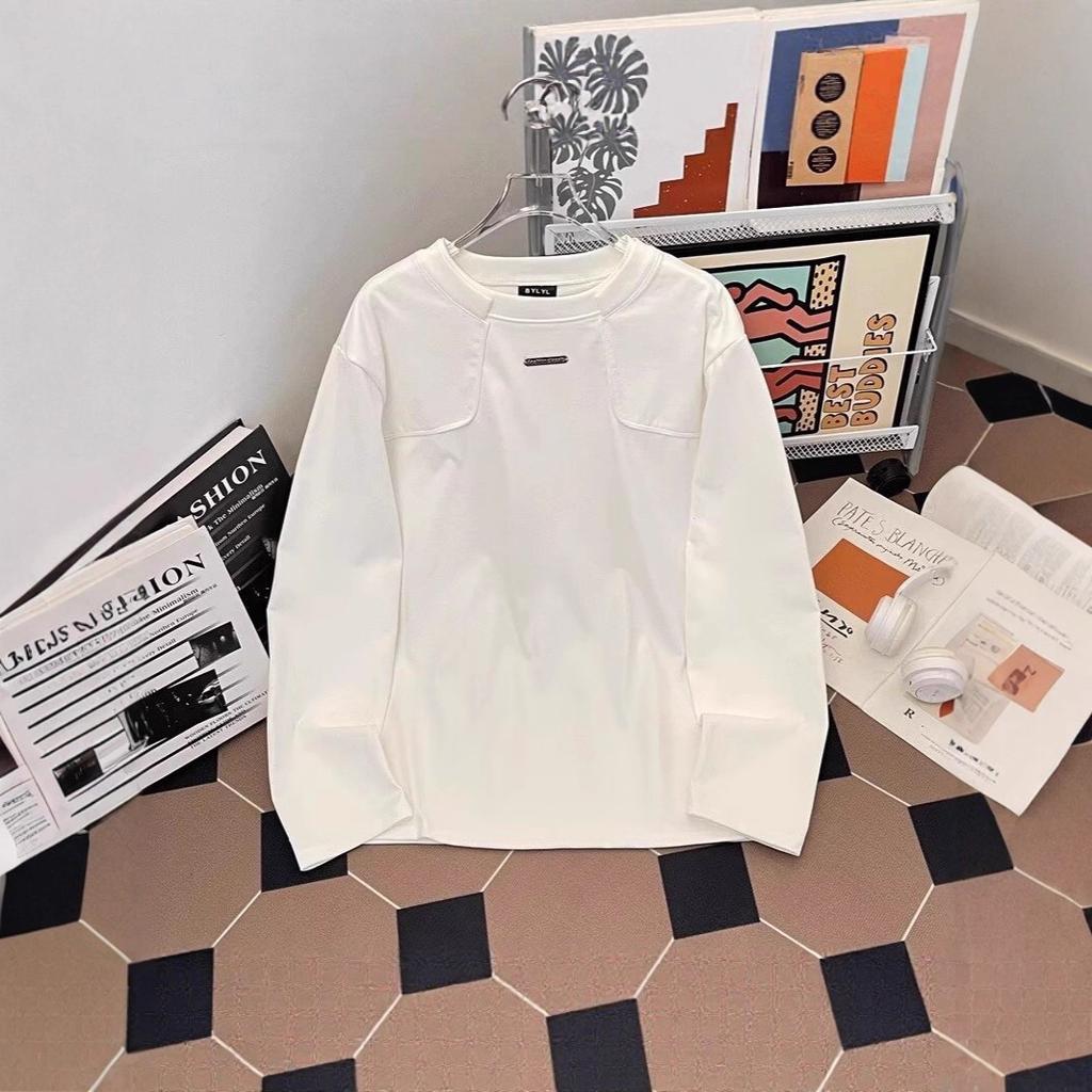 White bottoming shirt men's deconstruction shoulder padded sweater men's niche design sense heavy long-sleeved T-shirt ruffian handsome sense top