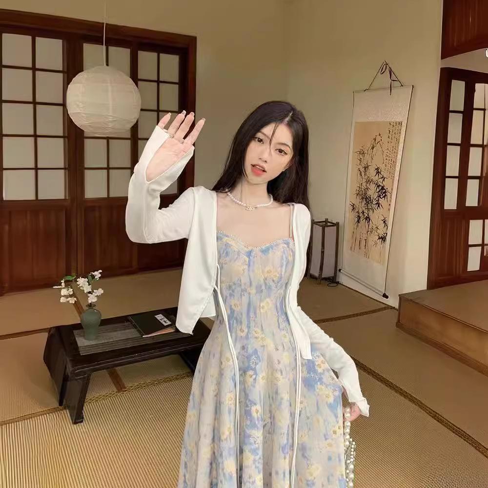 Damklänning 2025 Fransk Blå Blommig Spagettistropp Maxi - Sommar Midjesmalnande High-End Stil