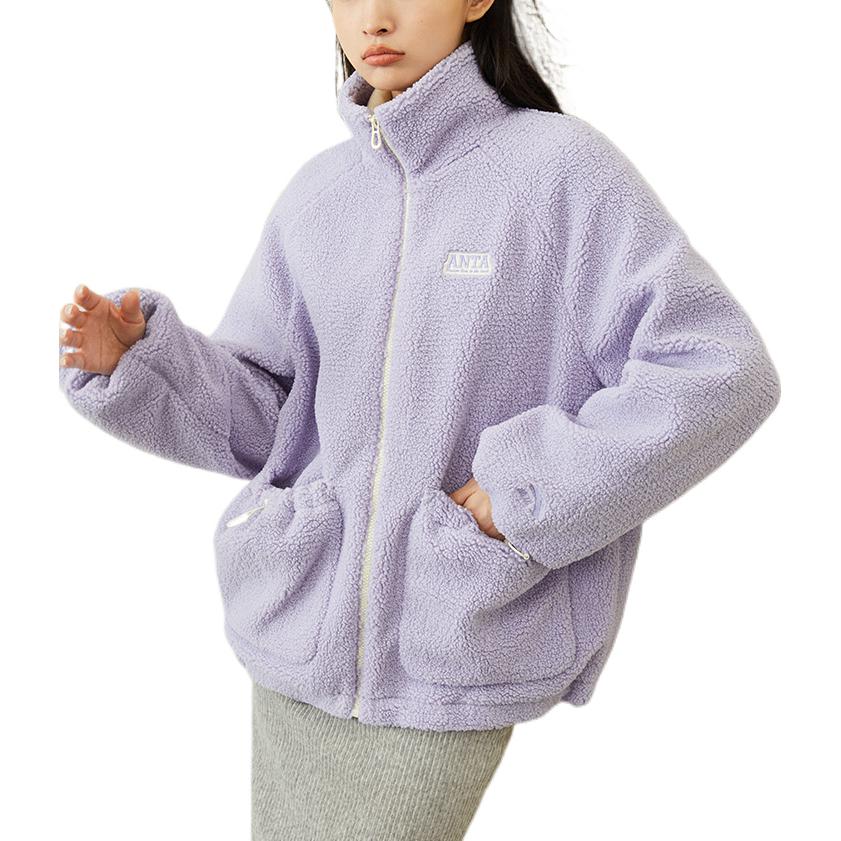 Anta Solid Color Embroidered Logo Double Pocket Zipper Stand Collar Fleece Jacket Women Jackets Purple 162248727-1