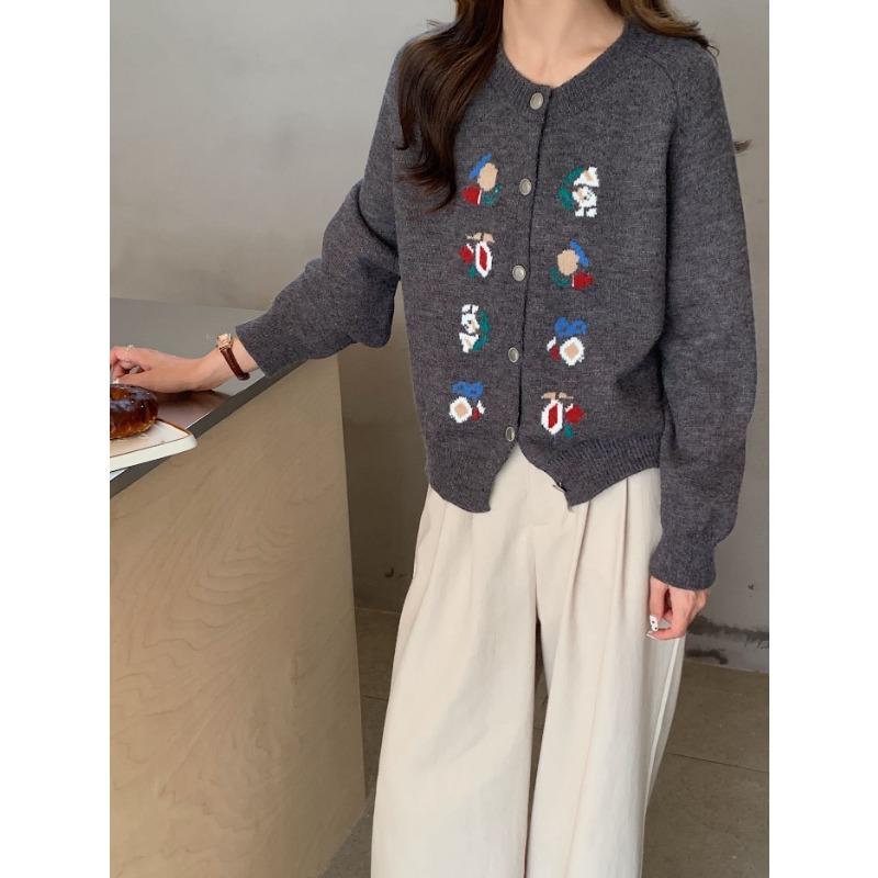 Vintage Autumn and Winter Heavy Industry Jacquard Embroidered Knitted Cardigan Women's High-end Sense Casual Loose Thickened Sweater Jacket Women