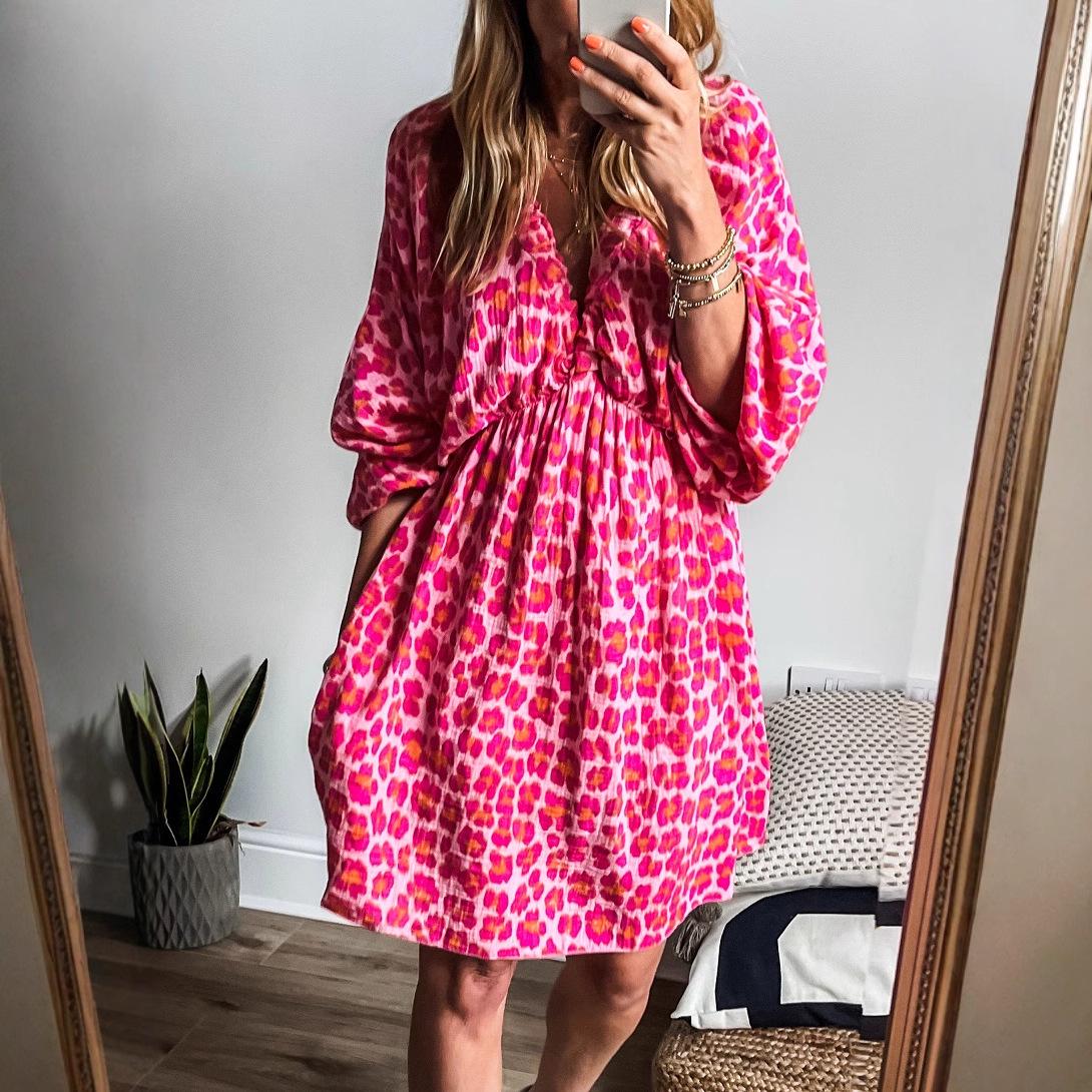 

Shiying Women s Leopard Print V-Neck Long Sleeve Casual Dress Small