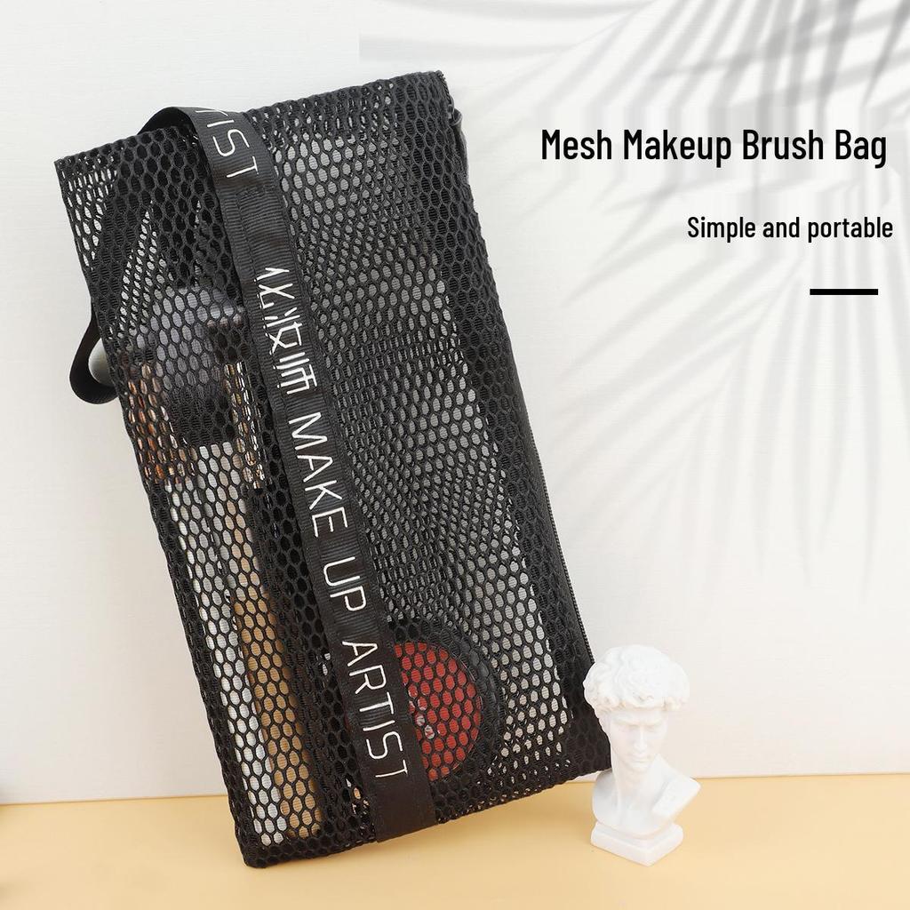 Stylish large makeup brush bag with transparent breathable mesh for portable storage.