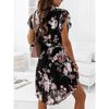 Summer Ruffled Short Sleeved V-neck Knee Length Skirt with Floral Print Elegant Lace Up Pleated Dress