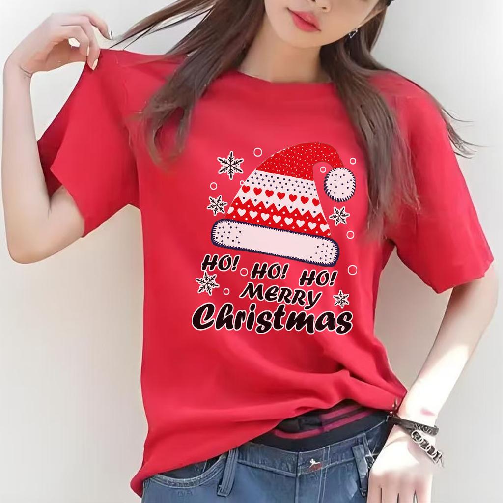 Fashionable Christmas Happy Snowflake Hat Printed Pattern Short Sleeve Round Neck Versatile Womens Festival Tshirt