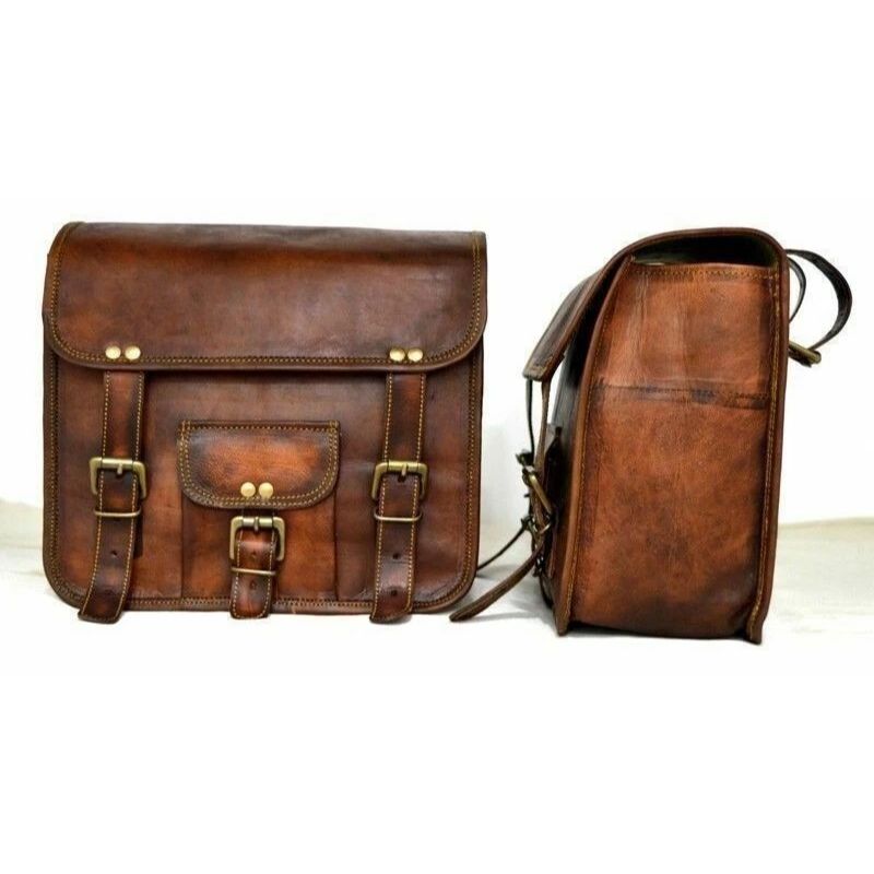 Leather Motorcycle Panniers Saddle Pouch Bag Side Real Two Bags New