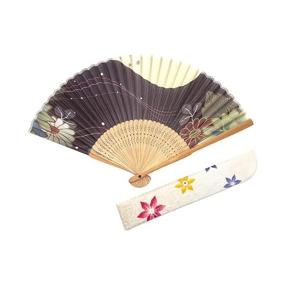 Kanzashi Silk Folding Fan for Women - Set with Pouch - 21cm Compact, Elegant Japanese Pattern, Modern, Heatstroke Prevention, Cooling, Business
