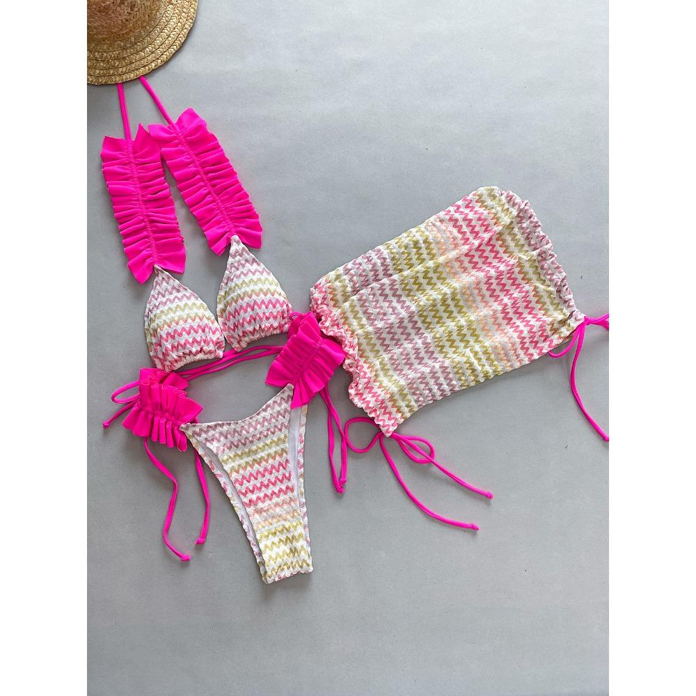 

Европейский и американский женский купальник-тройка с плиссированным краем и разрезом L