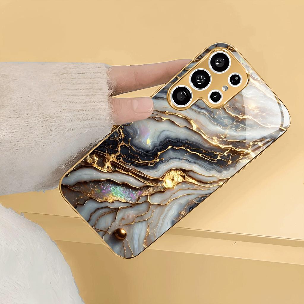 Electroplated Gold New Phone Case for Samsung Galaxy S26 Ultra S25 Plus S24 S23 S22 Fe Tempered Glass Artistic Texture Patterns