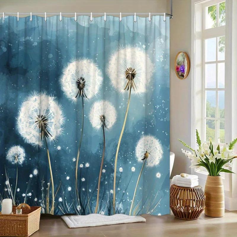 

1Pc Dandelions In Blue Breeze Shower Curtain - 5 Dandelions, Seed Dispersal, Abstract Blue Background, 70.8X70.8 , 12 Hooks W60H190(CM)-1 Pcs