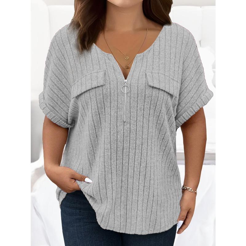 QICED Women's Fashion Casual Solid Color Print Short Sleeve V Neck Blouses & Shirts