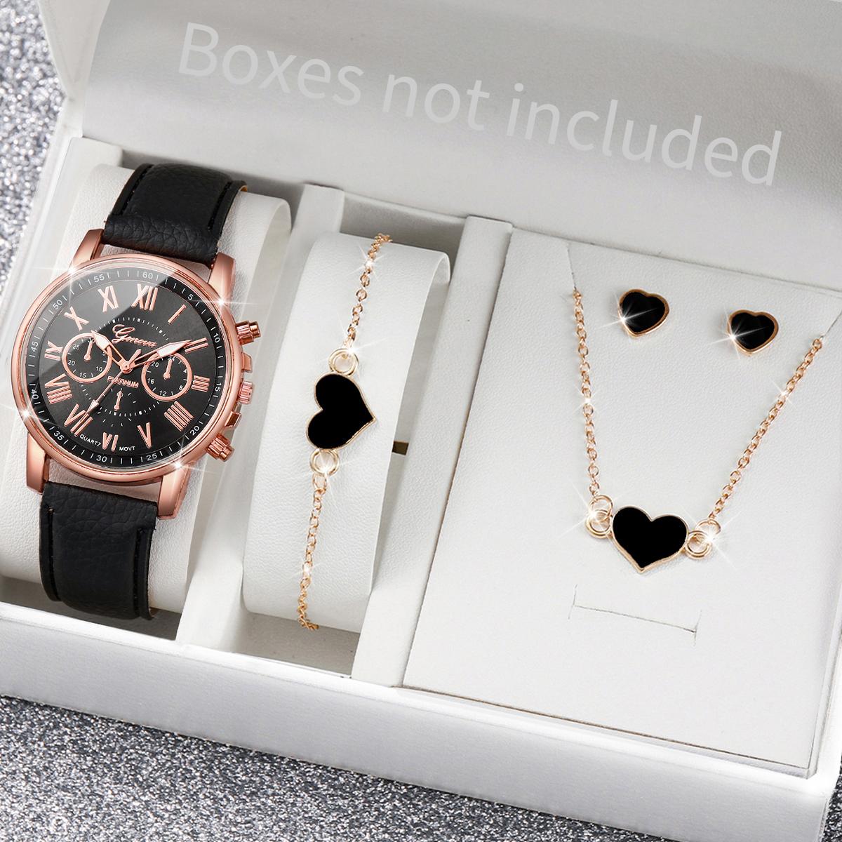 

5/6PCS Fashion Women s Quartz Watch Leather Band Analog Wrist Watches Heart Rhinestone Jewelry Set(Without Box)