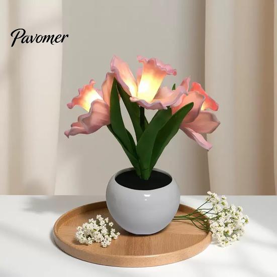 Wedding Centerpiece Table Lamp LED Tulip Flower Lamp, Battery Powered Artificial Night Light with Office Desk Decorative Ornament Ceramic Pot, Floral