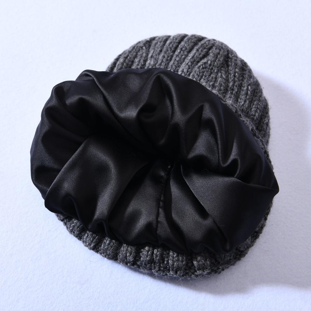 Versatile series big children's rabbit down knitted hat solid color lined outdoor satin lining wool hat warm ear protection