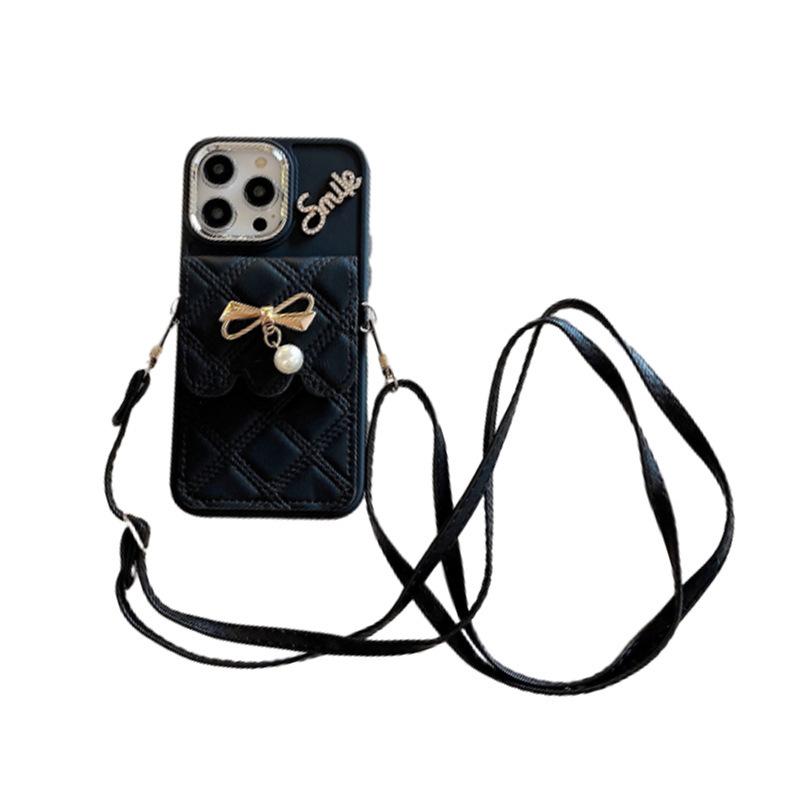Bow Pearl Wallet Phone Case for IPhone17Promax Crossbody Rope Rhinestone English for Apple 15 Female