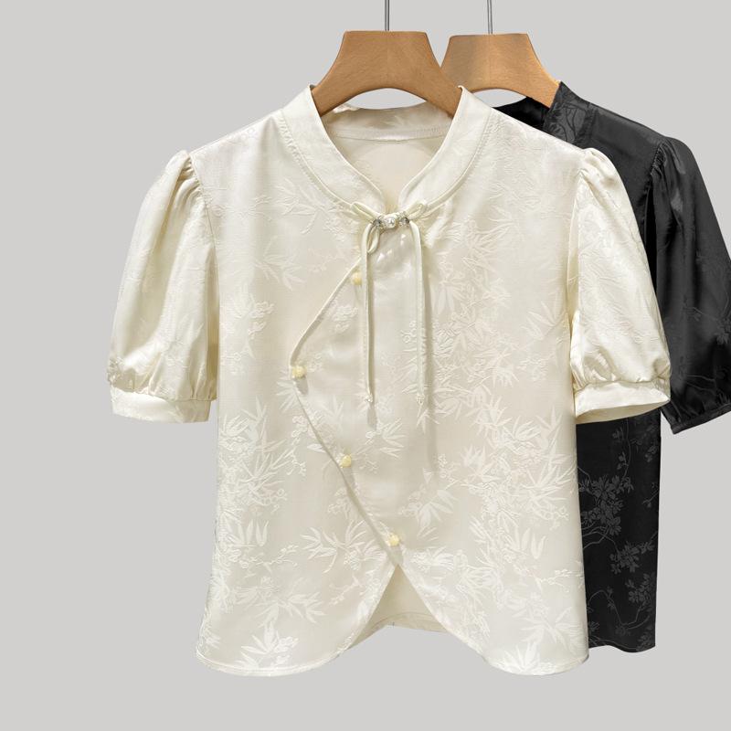 Satin Short-sleeved Shirt for Women's Summer New Chinese Style Women's Clothing New Chinese Stand-up Collar Button Top