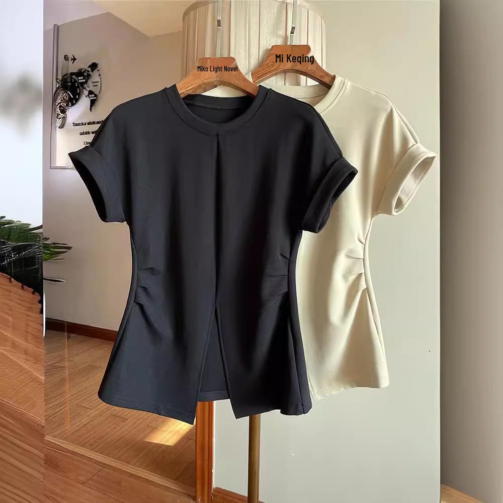 Waist-Hugging Batwing Sleeve Side Slit T-Shirt - Trendy Short Sleeve Top