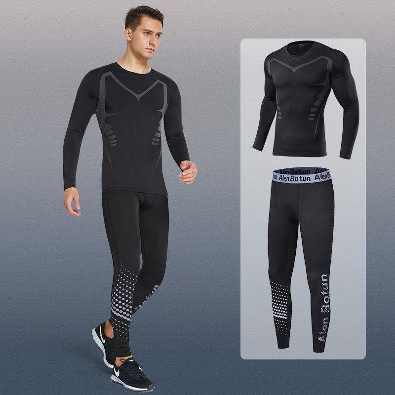 Mens Quick-Dry Compression Athletic Set Long Sleeve Top Tight Pants Running Gym Basketball Training