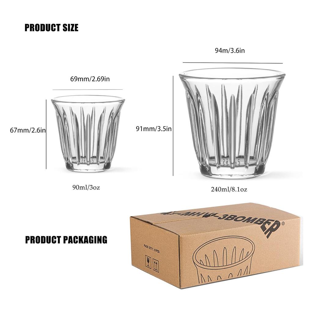 MHW-3BOMBER 6PCS Set Small Glass Cups 90ml/240ml Drinking Glasses Latte Glasses for Espresso Glass Cup Cafe Bar Gifts for Women