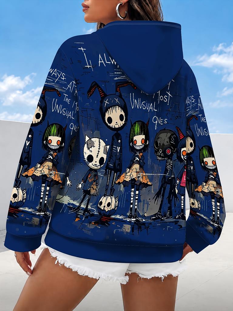 Lazy Women's Hoodie with Scary Cartoon Characters On Hoodie Women's Hooded Pullover Sweatshirt Fashionable Top