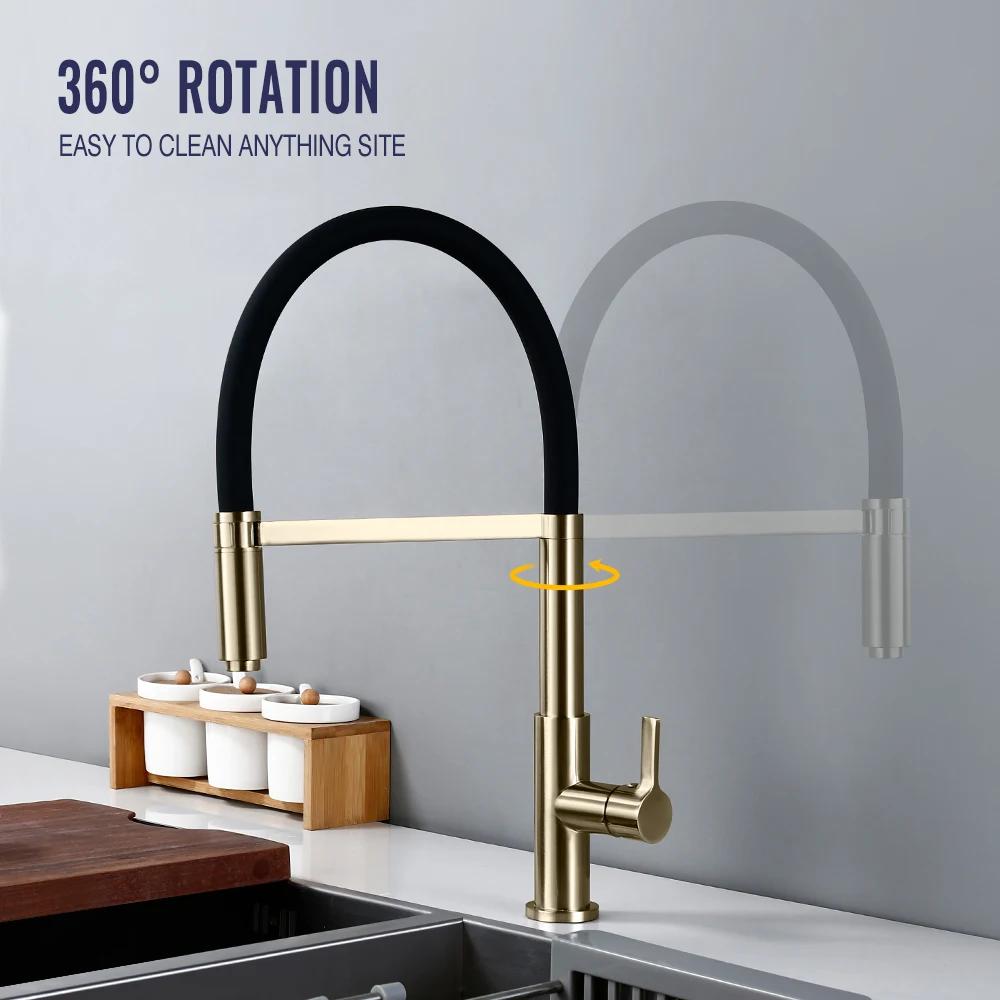 Brushed Gold Kitchen Faucet Hot And Cold Water Tap Black Hose Matte Gold Spout Sink Mixer Made Of Lead Free Copper