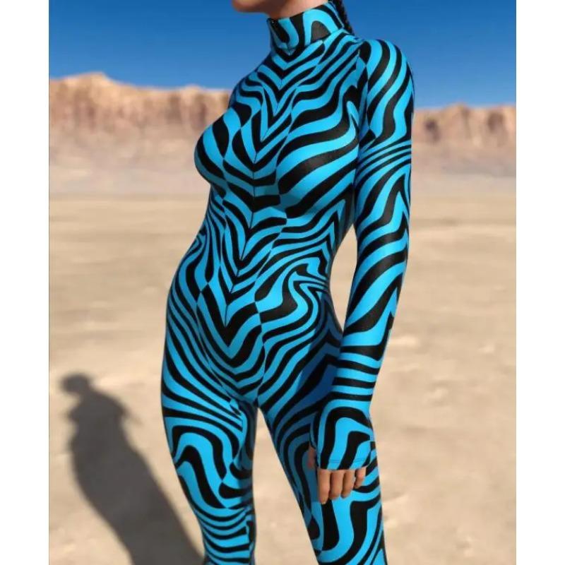 Women Art Irregular Lines Jumpsuit Cyber Punk Bodysuit Halloween Holiday Party Cosplay Costume Performance Romper Zentai Suit