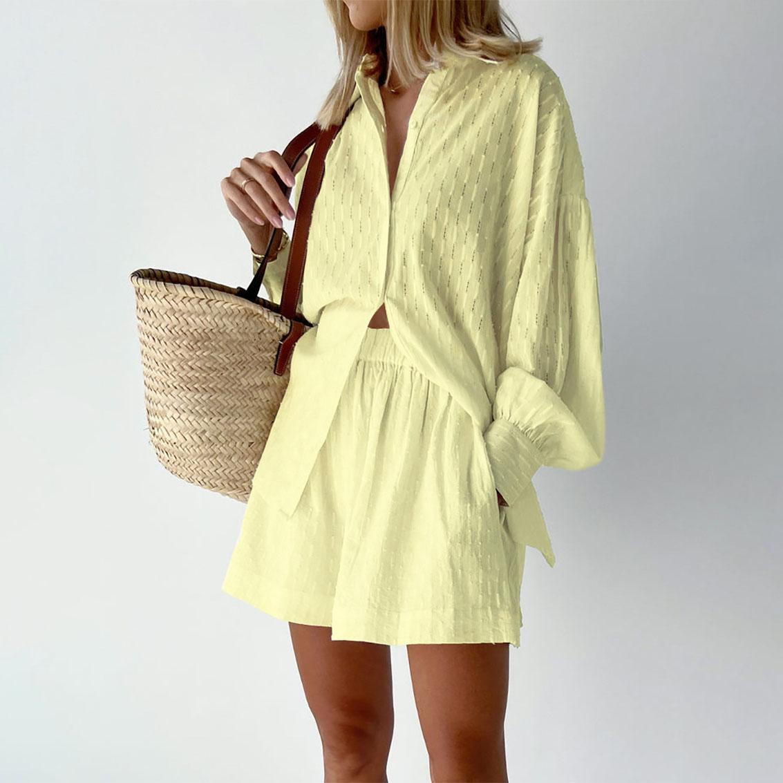 

Рубашка с длинными рукавами, куртка и шорты, комплекты летних женских однобортных костюмов, повседневная пляжная одежда для отпуска, повседневная одежда M