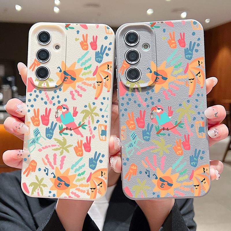 Colorful Cartoon Pattern Case For Samsung Galaxy S25 Edge S24 Ultra S23 S22 Plus S21 FE S26 Ultra Leather Texture Silicone Cover