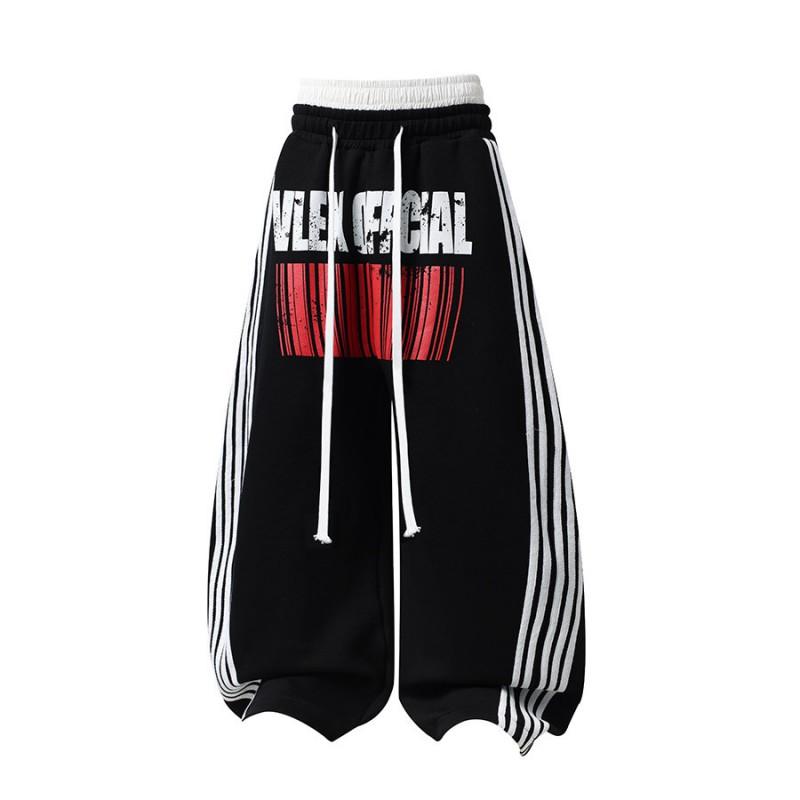 Womens Loose Wide Leg Sweatpants Distressed Double Waistband Striped Jazz Pants Casual Street Style Trousers