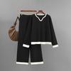 Women's Clothing Autumn and Winter New Pit Strip Knitted Suit Women's Collar Contrasting Color Top Wide-leg Pants Two-piece Set
