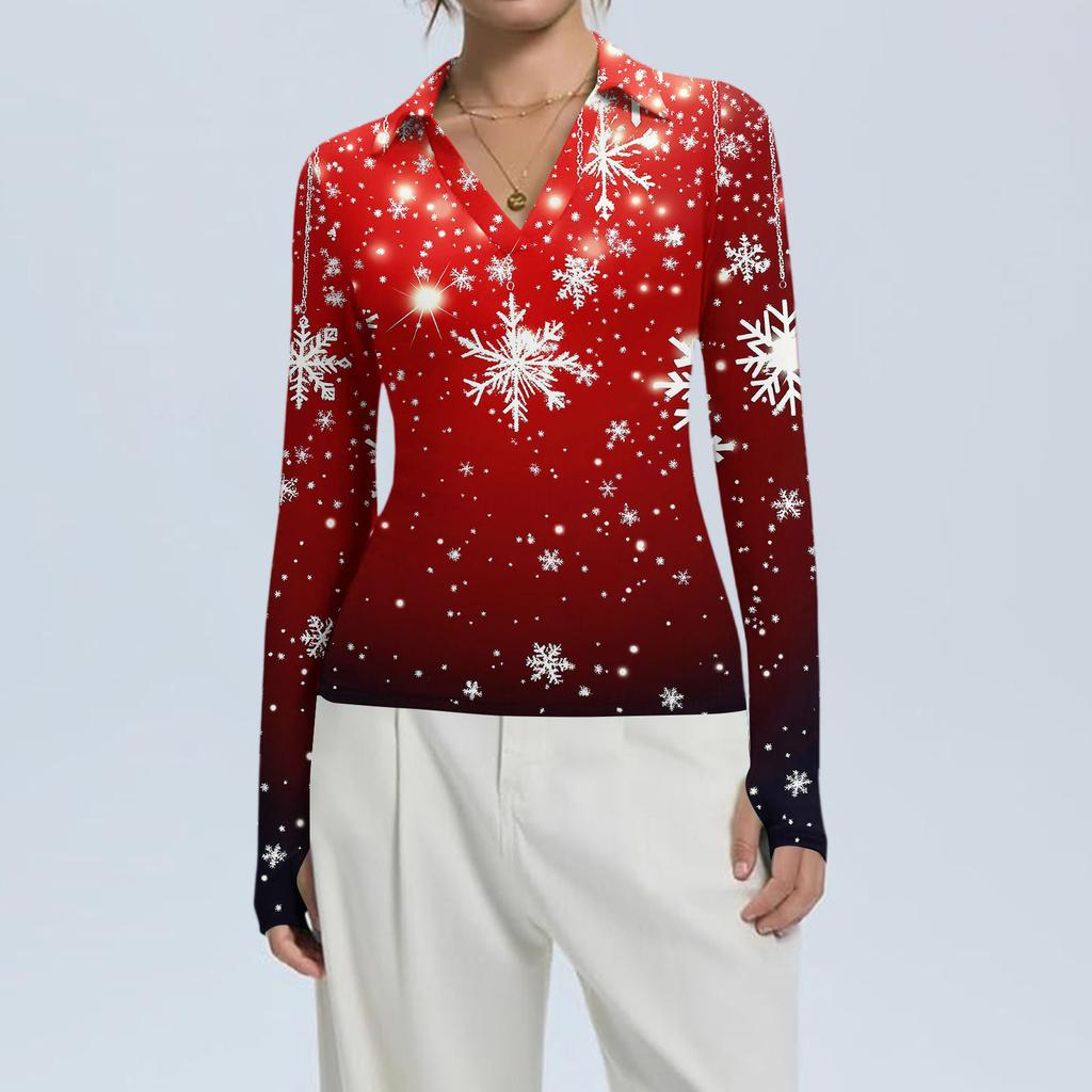 Damenmode Lässig Weihnachts-Print V-Ausschnitt Langarm Knopfleiste Oberteil