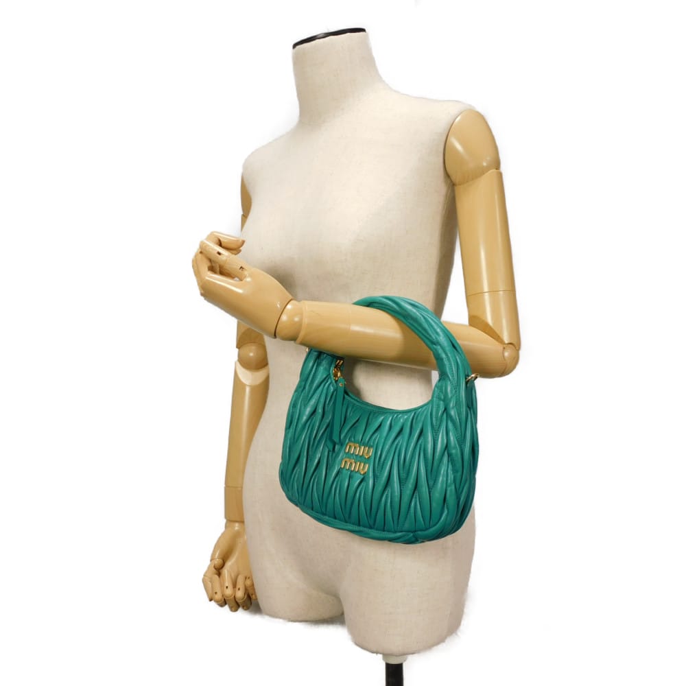 Used Wonder Matelasse Hobo Bag (12166), 5BC125 N88 F0K41 7922, with RFID, Green, 2-Way Logo, Laguna, Women's from Japan