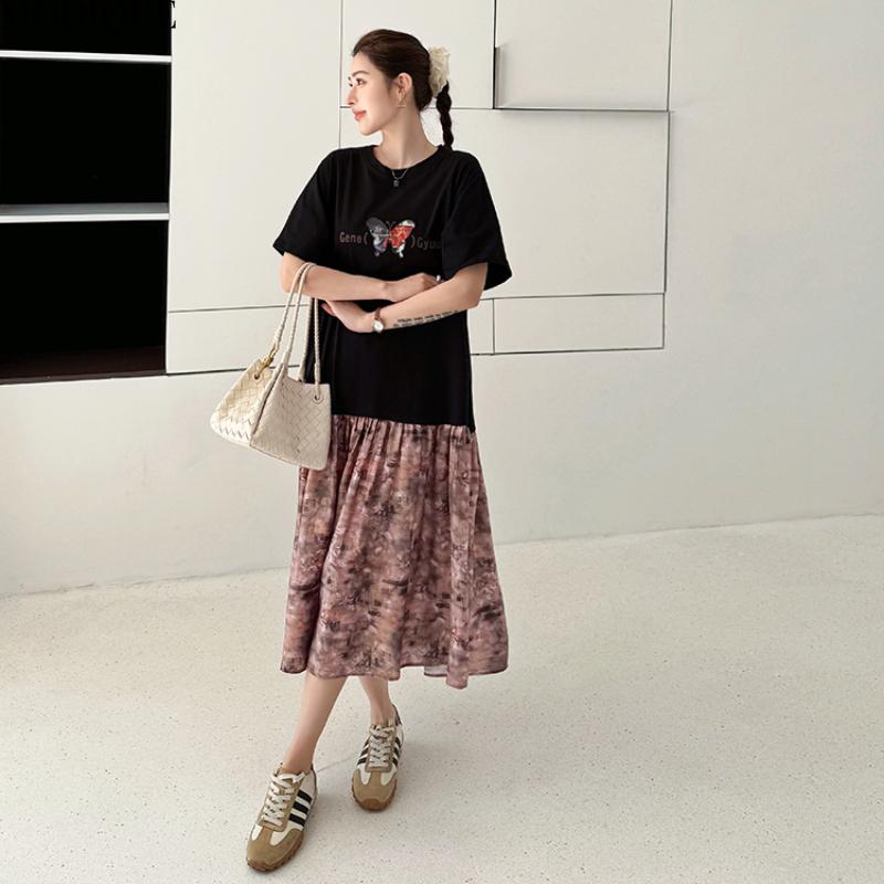 

MODIQUE Лето Плюс Размер Новое Женское Свободное Льняное Платье с Принтом Бабочки Пэчворк Длинное Женское Повседневное Платье С Коротким Рукавом О-Образным Вырезом 3XL чёрный