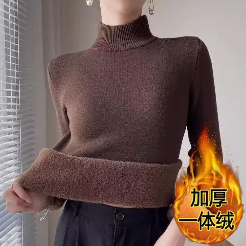 Autumn and Winter New Semi-turtleneck Fleece Sweater Bottoming Shirt Women's Integrated Fleece Thickened, Warm and Slim, Knitted Inside